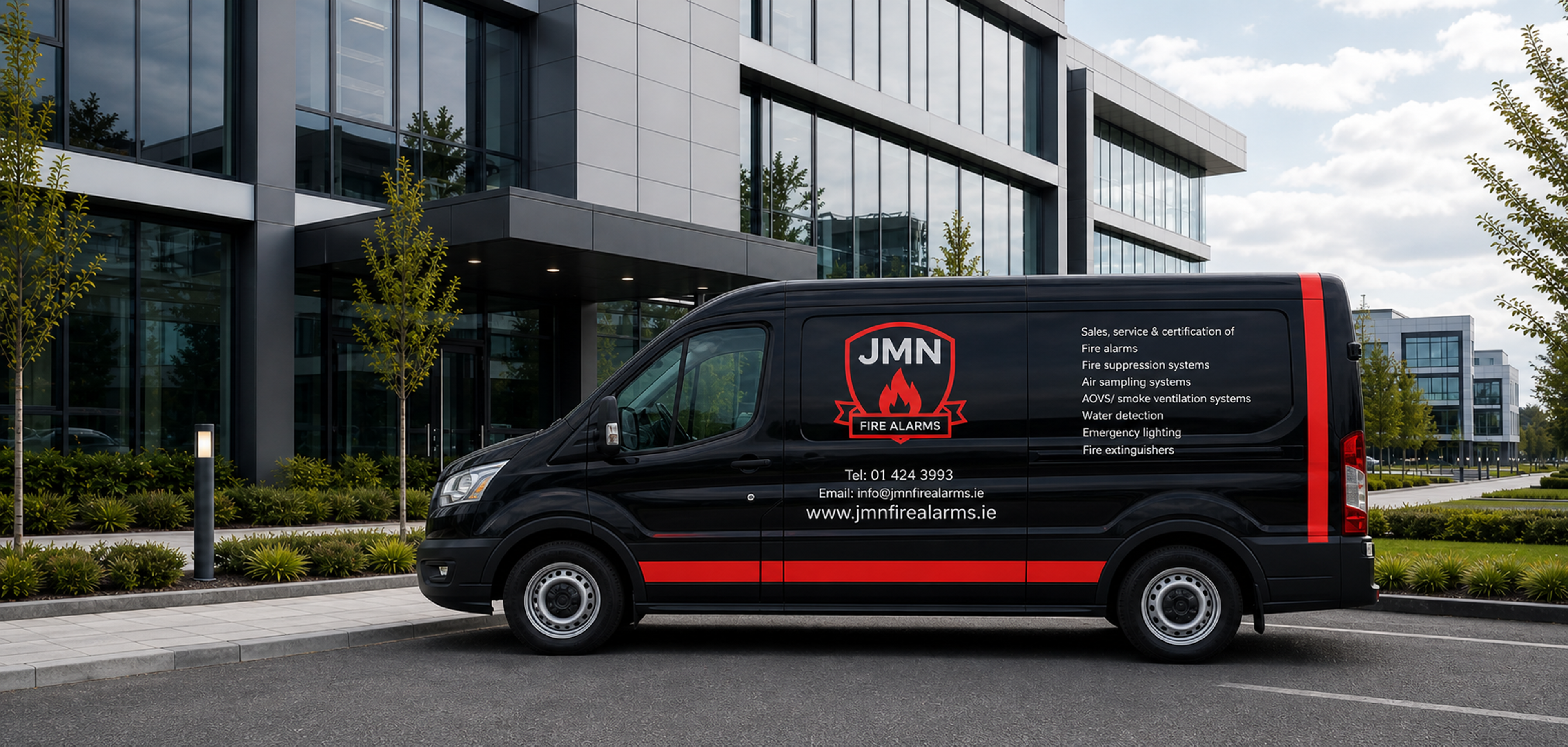 JMN Fire Alarms style van outside a modern commercial building